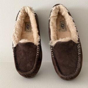UGG Chocolate Suede Moccasins with Plush Cream Interior - Size 5